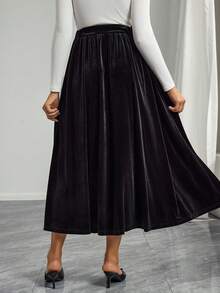 Momance 纯色天鹅绒裙，优雅孕妇休闲裙 - 黑色 - 查看 3