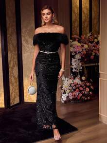 MOTF Soiréza SEQUIN EMBROIDERY FUZZY OFF SHOULDER PROM DRESS, PARTY - Black - View 7