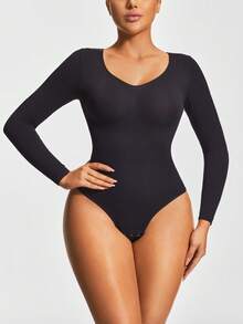 SHAPORA Seamless V-Neck Long Sleeve Slim Fit Shapewear Thong Bodysuit Body Shaper Butt Lifter-Tummy Waist Thigh Control  Cozy And Elegant Details - Black - View 5