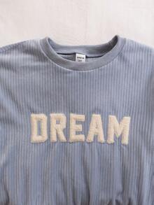 Boys' Velvet Soft Loungewear Set,Casual Loose Fit Long Sleeve Top And Pants,Korean Style Embroidered Letter Decor,Blue White Stripe,Autumn,Holiday - Blue - View 3