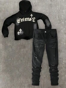 SHEIN Tween Boy Fashion Black Streetwear School Back-To-School Summer Y2k Vintage Ripped Frayed Skinny Jeans Kids Stretch Denim Pants Comfortable Dailywear - Black - View 1