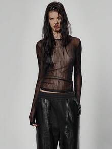 MUSERA Sheer Mesh Long Sleeve Fitted Crewneck Top   Winter Streetwear Cool Night Out Everyday Sexy ,Elegant  Holidays, Party, Festive Valentines Day Spring Summer - Black - View 5