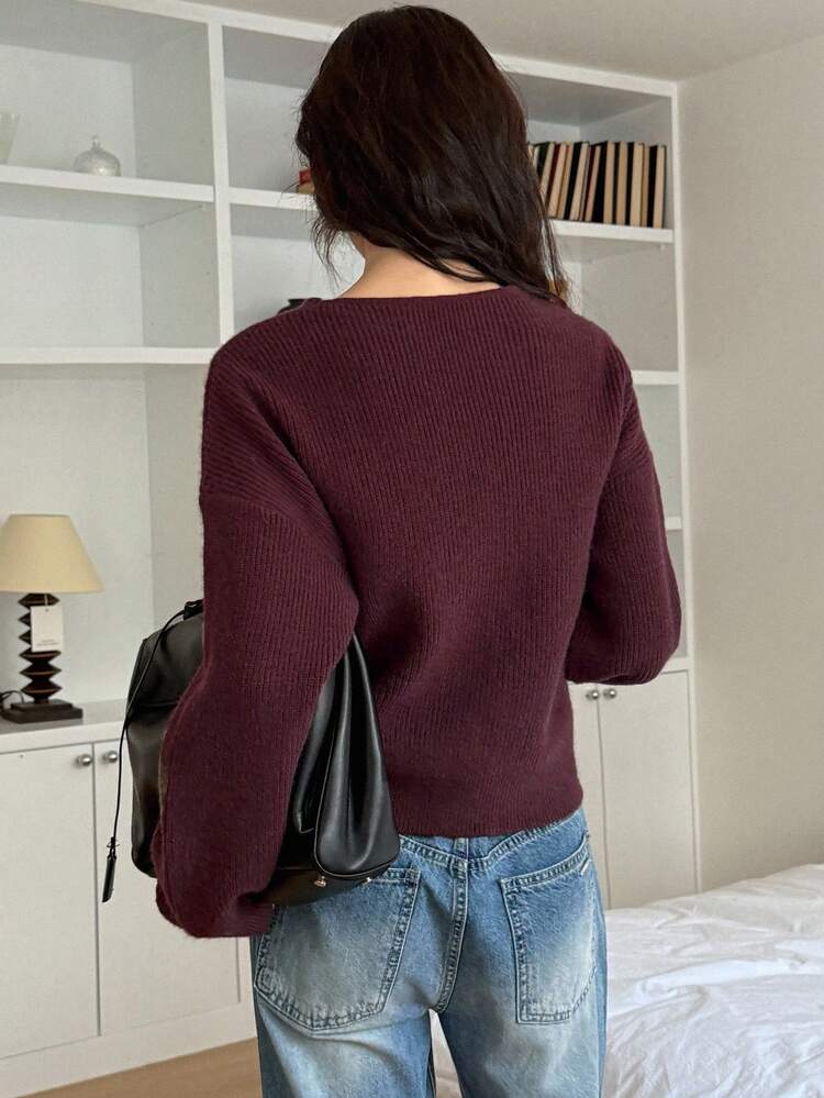 Women's Solid Color Dropped Shoulder Long Sleeve Wrap Tie Knit Cardigan