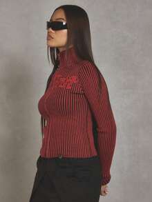 MUSERA Contrast Rib Slogan High Neck Zip Through Cardigan Cool Girl, Streetstyle, Everyday, , Winter, Varsity, 1997 Evening Party Elegant Spring - Red - View 3