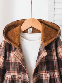 SHEIN Elladie kids 年轻女孩格子保暖内衬连帽双排扣冬季外套，时尚休闲日常穿着 - 棕色 - 查看 5