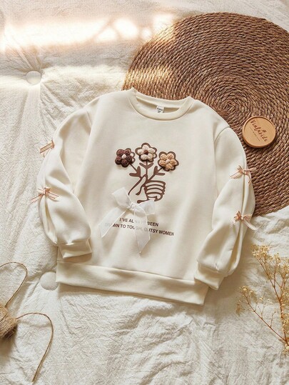 Vintaside Kids Girls' Apricot Floral Print Knit Sweatshirt, Casual Slim Fit Pullover Top For Outdoor, Home, Sports Wear Fall Winter