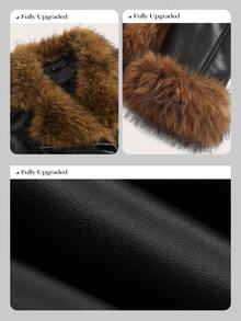 Anewsta 女士时尚翻领长袖仿皮草皮夹克，秋冬 - 黑色 - 查看 5