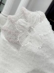 Chiquease Semi-Sheer Lace Trim White Knit Pullover Sweater - White - View 7