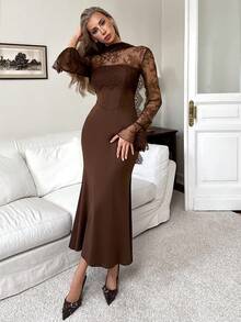 Elenzga Women Brown Floral Lace Patchwork Halter Fishtail Dress,Long Sleeve Ruffle Hem,Fish Bone Line,Trailing Long Dress  Dinner,Fall Winter,Elegant Party - Brown - View 4