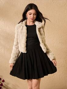 Teen Girl Solid Color Long Sleeve Short Plush Versatile Fashion Winter Jacket Set - Apricot - View 6