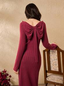 Vestido ajustado de manga larga con lazo decorativo en la espalda, unicolor, para adolescentes - Burdeos - Ver 1