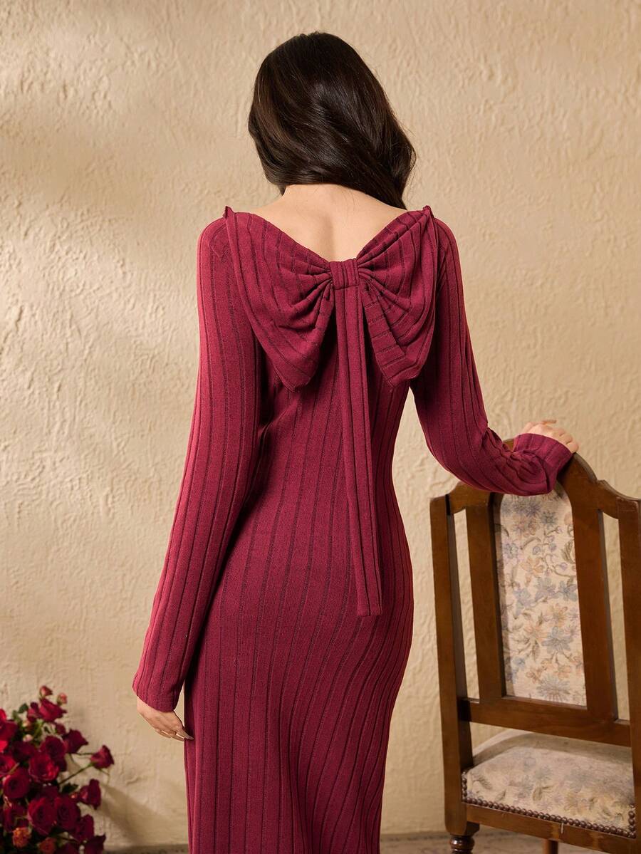Vestido ajustado de manga larga con lazo decorativo en la espalda, unicolor, para adolescentes - Burdeos - Ver 1