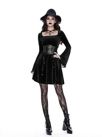 Breakform Abito mini elegante da donna in velluto con colletto quadrato, maniche a campana e vita stretta, vestito aderente in stile gotico