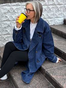 Vivie Lora Casual Loose Waist Tie Denim Jacket For Women, Long Sleeve - Blue - View 6