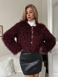 Elenzga Cropped Metal Buckle Fuzzy Cardigan - Burgundy - View 6