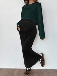 SHEIN Áo tay raglan kết hợp với váy hai dây ôm vừa vặn màu trơn, bộ đồ bà bầu thu đông 2 món - Màu xanh lá cây đậm - Xem 6