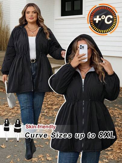 SHEIN CURVE+ Curves Plus Size/Chool Clothes/Back To School Clothes /Back To SchoolPlus Size Women's Cinched Waist Solid Color Jacket, Mid-Length, Autumn/Winter