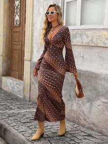 Brillora 女士V领长袖印花针织连衣裙，艺术图案，适合外出度假，秋冬季 - 彩色 - 查看 5