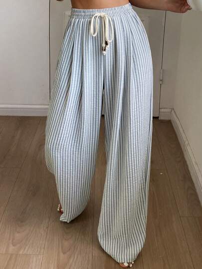 DAZY Vacation Style Lace-Up Striped Loose Women Cozy Pajama Bottoms