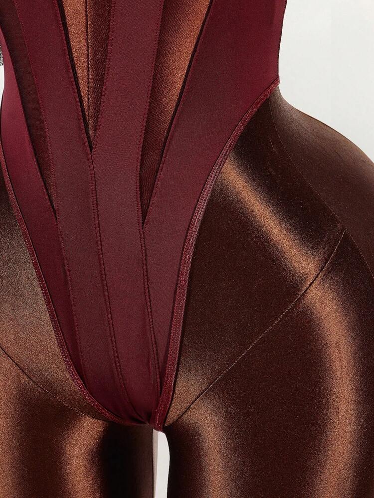 Amplova Women's Solid Color Hollow Out Sexy Bodysuit - Burgundy - View 6