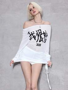 ROMWE Avant 女款 Y2K Baddie Subculture 透视性感露肩中文标语印花短款上衣 - 白色 - 查看 3