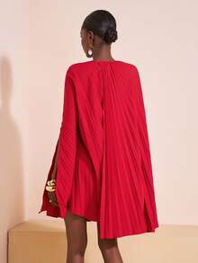 Zivah 2025 Autumn/Winter & Summer New Arrival Music Festival, Easter, St. Patrick's Day, Western, Nomadic, Birthday Party, Graduation, College Style, Student, Daily Wear, All-Match Versatile, Casual, Vacation, Cruise Travel, Beach, Sunbathing, Viral , Streetwear, Beach Vacation/Party/Date, Pleated Material Red Cape-Style Women Short Dress - Red - View 2