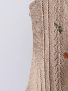 Franclia Plus Size Floral Embroidered Tie-Front Knit Vest Cardigan - Khaki - View 3