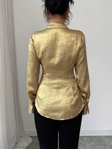 Selianne 女款優雅奢華金色金屬感長袖襯衫，秋季夜生活正式婚禮派對舞會雞尾酒會，領口鈕扣腰部繫帶修身剪裁 - 金色 - 查看 2