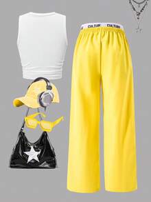 SHEIN ChillGRL 2 peças/Conjunto Top com Estampa de Estrela e Cordão Lateral para Meninas Pré-Adolescentes Combinada com Calça Cargo com Bolso Colorblock na Cintura, Estilo de Rua Casual, Primavera/Verão - Amarelo - Visão 2