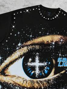 ROMWE MEN Street Life Áo thun nam tay ngắn phong cách Punk nghệ thuật đính đá Rhinestone cổ điển - màu đen - Xem 4