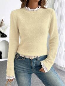 EMERY ROSE Fashionable & Sweet Lace Collar Soft Faux Fur Pullover Sweater, Versatile For Autumn/Winter - Beige - View 5
