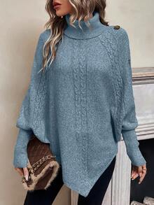 Áo len Poncho cổ lọ trơn màu thường ngày dành cho nữ, Thu/Đông - Màu xanh bụi bặm - Xem 4