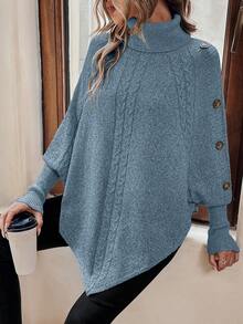 Áo len Poncho cổ lọ trơn màu thường ngày dành cho nữ, Thu/Đông - Màu xanh bụi bặm - Xem 5
