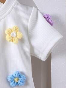 SHEIN 2pcs Baby Girls Summer Outfit: Embroidered Knit Shirt + Solid Color Pleated Skirt