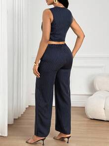 SHEIN Lady Women's Striped Single-Breasted Vest And Wide-Leg Pants Casual Commuter 2 Pieces Set - White - View 2