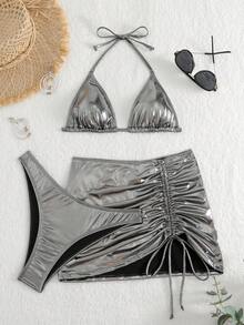 SHEIN X Hangout Fest SHEIN Swim Summer Beach Metallic Halter Triangle Bikini Set With Beach Skirt - Silver - View 4