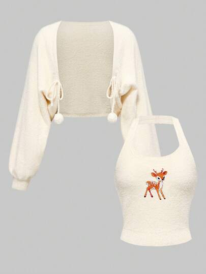 Kawaii 2pcs Fall & Winter Outfits: Cute Deer Embroidered Fuzzy Halter Vest & Knit Sweater Set For Women
