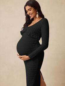 Boho Mama 孕妇休闲纯色纹理修身连衣裙，秋季 - 黑色 - 查看 4