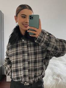 DAZY Veste ample en mélange de laine à col en fourrure patchwork à carreaux vintage, vêtement décontracté à manches longues pour femmes, automne/hiver Y2k - Gris - Voir 1