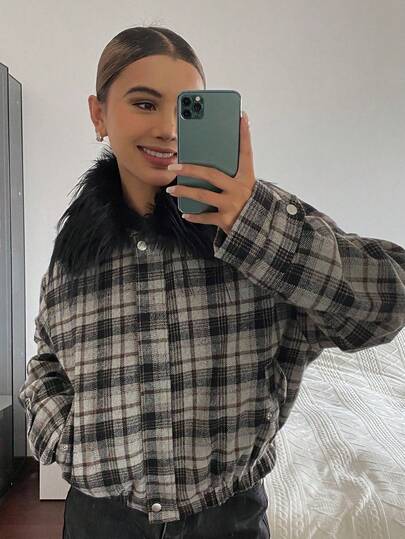 DAZY Chaqueta holgada de mezcla de lana con cuello de piel, estampado de cuadros vintage patchwork, manga larga, abrigo casual para mujer, otoño/invierno Y2k