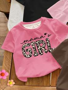 SHEIN 4 件年轻女孩休闲极简主义玫瑰、复古豹纹、心形、字母“Mama's Girl”图案圆领短袖 T 恤，适合春夏季 - 彩色 - 查看 4