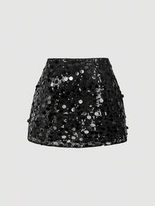 SHEIN MOD Plus Size Women's Solid Color Side Slit Sequin Embellished Midi Skirt, Suitable For Party Occasions, Fall - Black - View 2
