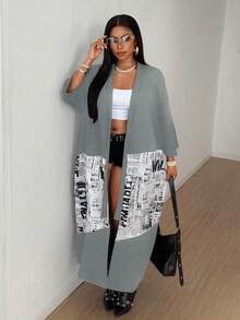 Maweii 大码女式秋冬薄款开衫夹克，长款花卉印花拼接，宽松休闲外套，3/4 袖 - 灰色 - 查看 6