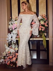 MOTF Soiréza ELEGANT FLORAL JACQUARD TEXTURED OFF SHOULDER FLARE SLEEVE FISHTAIL DRESS, SUITABLE FOR FORMAL OCCASIONS, PARTIES, GALAS - Apricot - View 8