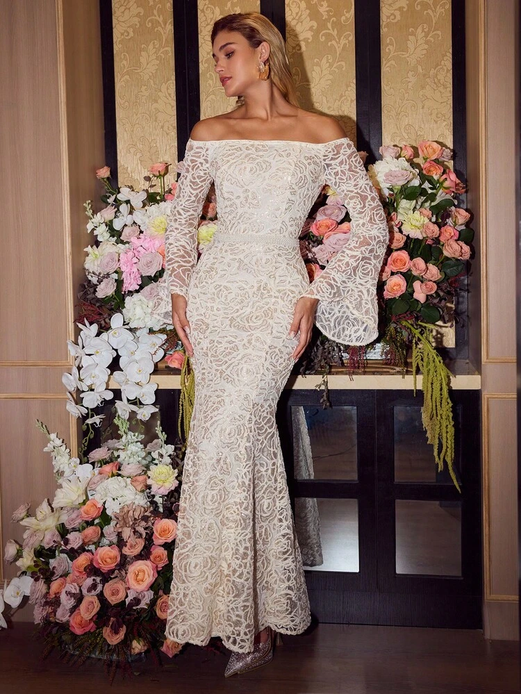 MOTF Soiréza 우아한 플로럴 자카드 텍스처 오프 숄더 플레어 슬리브 피쉬테일 드레스, 공식적인 행사, 파티, 갈라에 적합