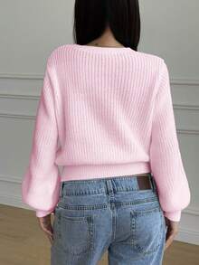 SHEIN Áo len ngắn tay bồng cổ tròn màu hồng cơ bản thu đông cho bé gái tuổi teen - Hồng - Xem 2
