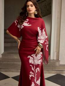 ZEYLAH Printed Short Sleeve One-Shoulder Elegant Dress - Red - View 4