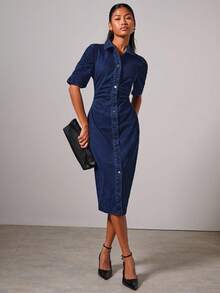 COSMINA Women's Short Puff Sleeve Single-Breasted Pleated Casual Denim Dress