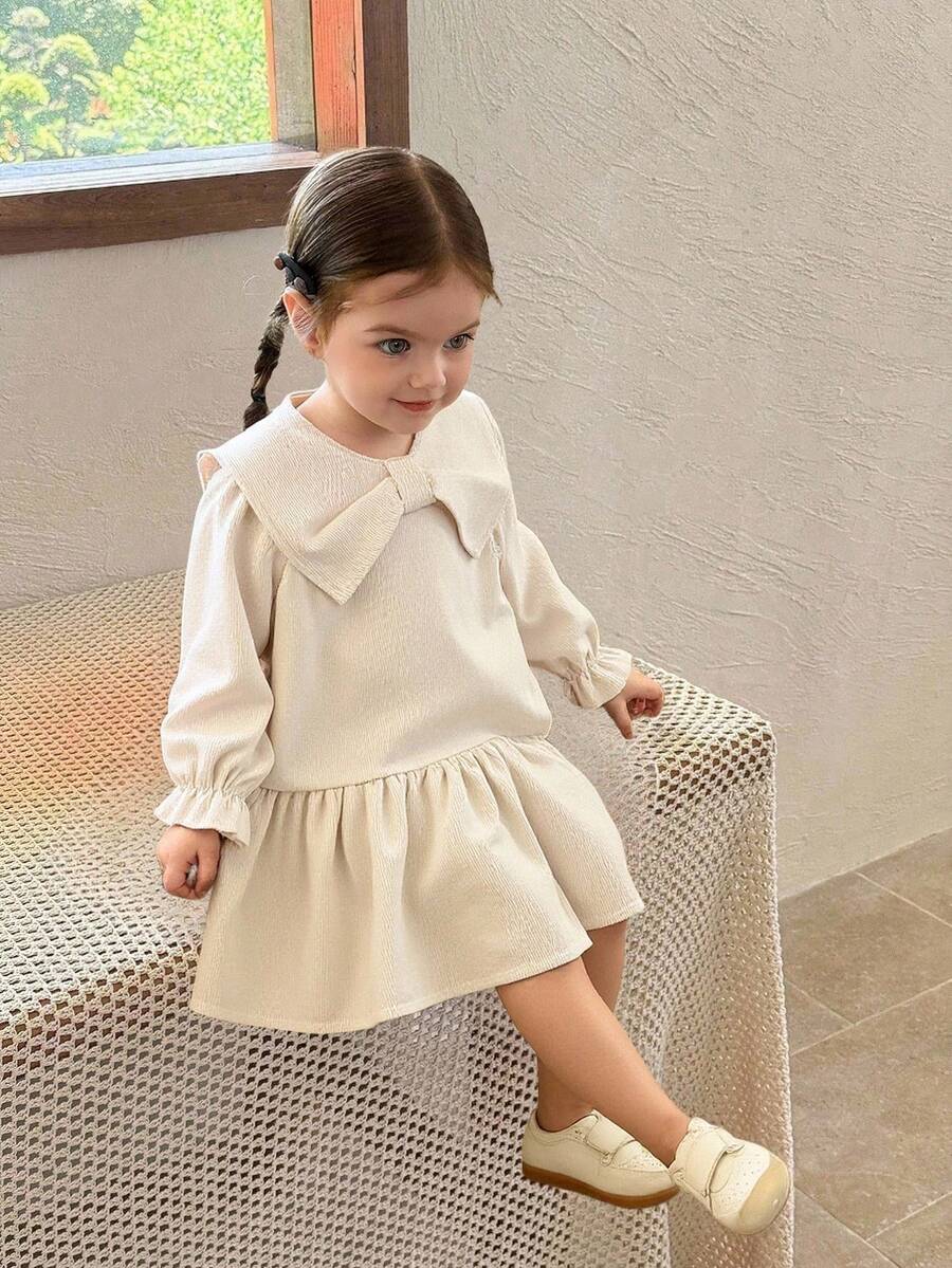 SHEIN Baby Girls' Vintage French Style Corduroy Collar Tie Long Sleeve Dress, Autumn/Winter