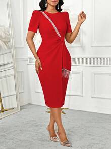 SHEIN Lady Đầm dài vừa phải cổ tròn tay bồng ngắn đính tua rua đính đá thanh lịch dành cho nữ - Đỏ - Xem 5